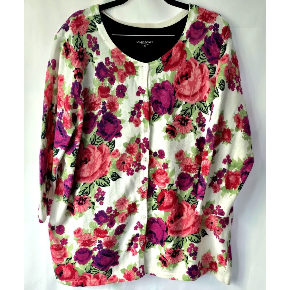 Laura Scott Womans Floral Sweater Cardigan Size XL With Black Tee XL